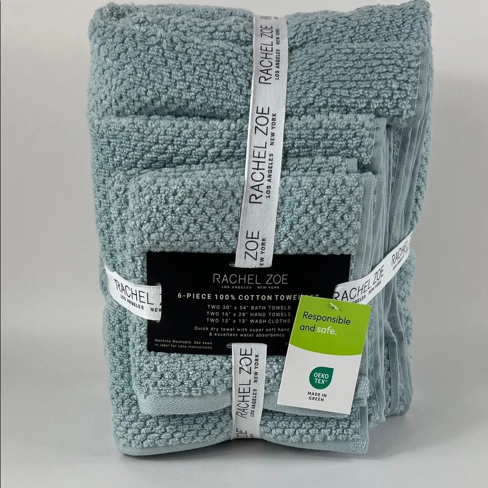 Rachel Zoe Light Blue 6-Piece Cotton Towel Set Bath Hand Wash NEW